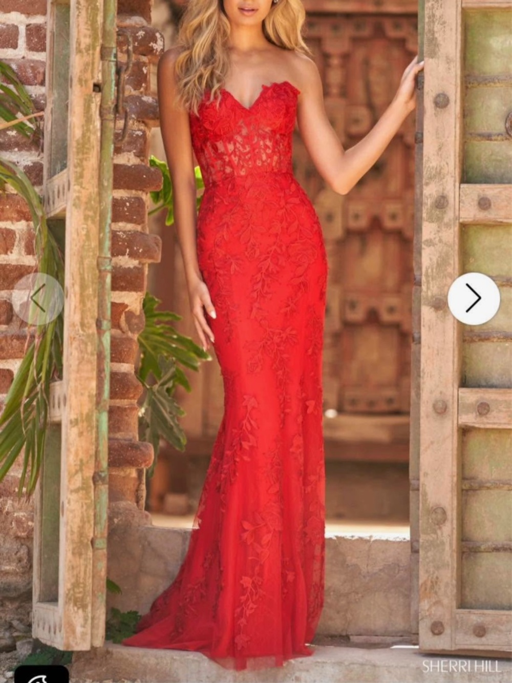 Sherri Hill Red Strapless Lace Appliqué Prom Gown